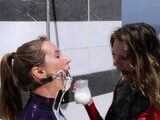 Fetish brunette lesbians piss and drink each others urine