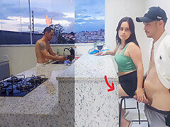 Fucking Hot Wife In The Kitchen Until She Cums, While The Cuckold Washes The Dishes