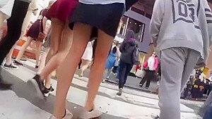 teen 18+ upskirt in street with red frilly skirt